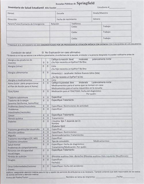 Student Health Inventory - Spanish